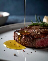 Food Editorial AI Generated - Juicy tender grilled steak being drizzled with golden olive oil with fresh herbs and seasoning on a modern dark background