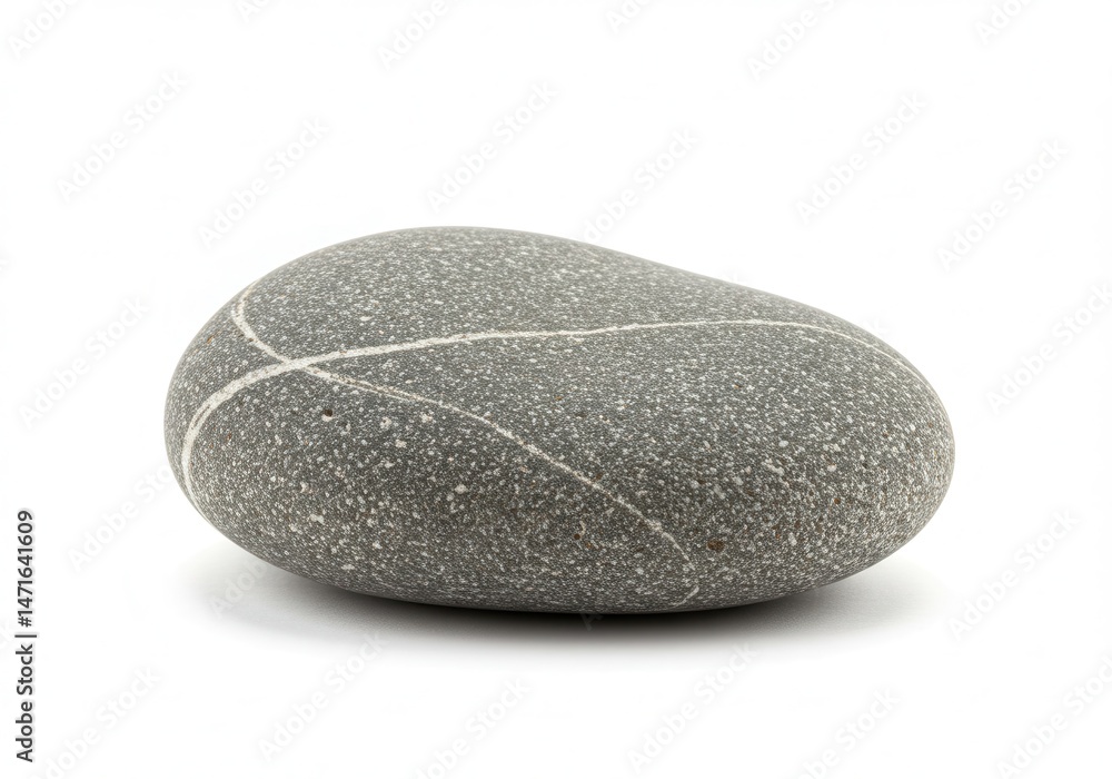 Poster smooth gray stone with white lines sits on a white surface in a studio shot, creating a zen-like atm