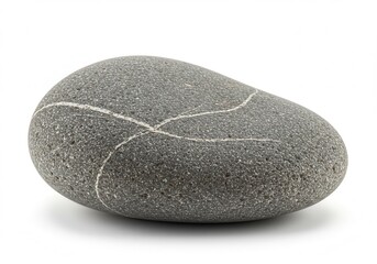 Smooth gray pebble with white quartz veins isolated on a white background, showcasing its natural texture and pattern