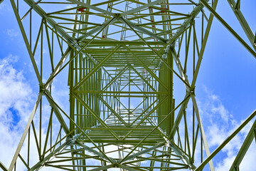 Power poles in spring on the field and meadow, Brandenburg, Germany