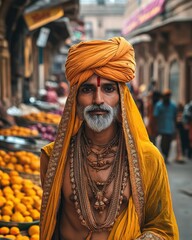 Man in traditional attire stands confidently in a vibrant market filled with fruits in India during daylight