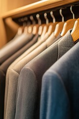 Fototapeta premium Elegant suits lined up in a designer wardrobe showcase for fashion enthusiasts or clients to explore latest trends