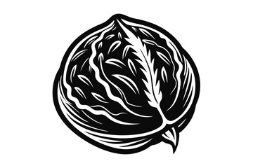 Unique black and white illustration shows a stylized whole walnut with its shell and kernel