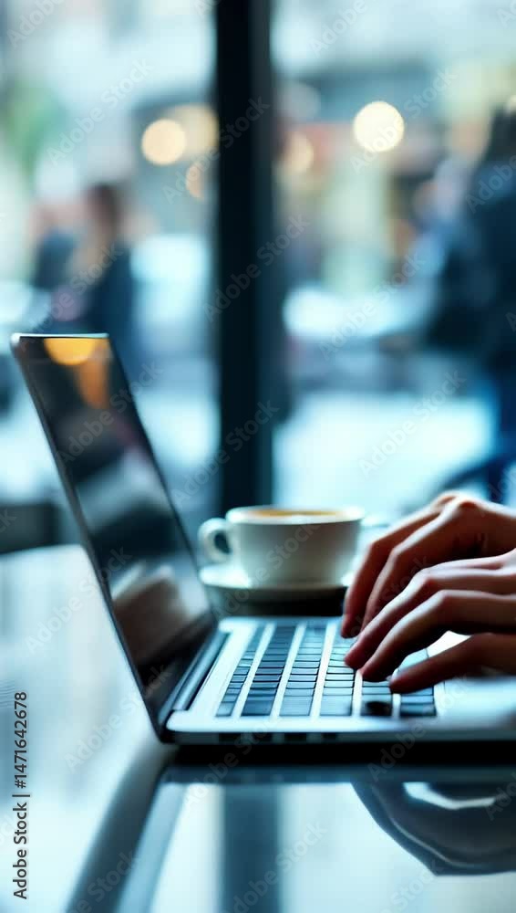 Poster the image shows a person typing on a laptop computer sitting at a table with a cup of coffee in fron