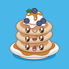 Hand drawn cute kawaii blueberry pancake cartoon illustration