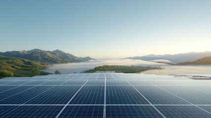 Solar Farm in Misty Mountain Valley at Sunrise mountain valley sunrise solar panels renewable energy