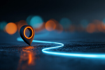 Dark 3D rendered location pin with orange glow on dark surface, neon blue line representing route, blurred colorful background, symbolizing navigation, journey, destination