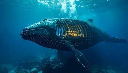 Fototapeta premium Pixel Art Humpback Whale Underwater with Glowing Internal Structures