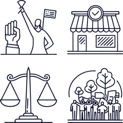 This vector icon set showcases black sketch symbols and illustrations of justice, suitable for business design
