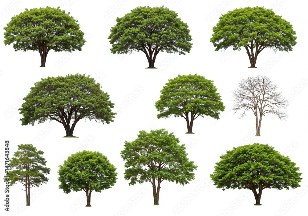 Poster collection of various trees with green leaves and one bare tree isolated on a white background