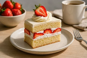 Fotobehang Delicious strawberry shortcake slice © Rawpixel.com