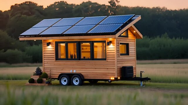 Modern wooden tiny house on wheels with rooftop solar panels parked in an open green field at sunset surrounded by trees and tall grass

