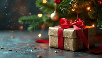 A beautifully wrapped Christmas gift sits under a decorated tree , tree, silver, shine