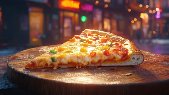 Close-up view of a slice of pizza on a wooden board.