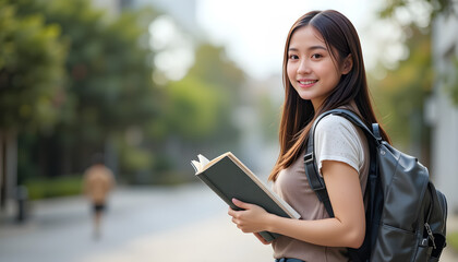 Fototapeta premium Smiling Student Outdoors Holding A Book and Backpack on a Bright Day