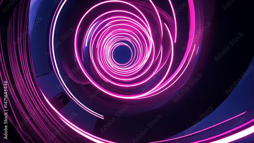 Poster spiraling neon vortex with glowing pink and purple rings twisting inward against a dark background, 