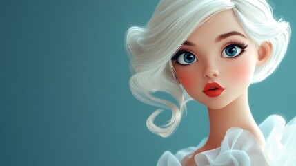 Fototapeta premium Elegant cartoon character with white hair and striking blue eyes in soft pastel tones against a gentle background