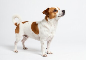 Alert jack russell terrier stands attentively on a white background, looking up with curiosity and interest
