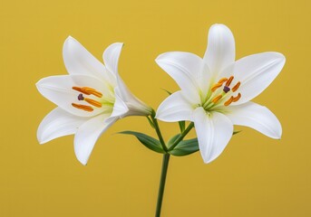 Naklejka premium Two elegant white lilies bloom against a vibrant yellow backdrop, showcasing their delicate petals and vibrant stamens