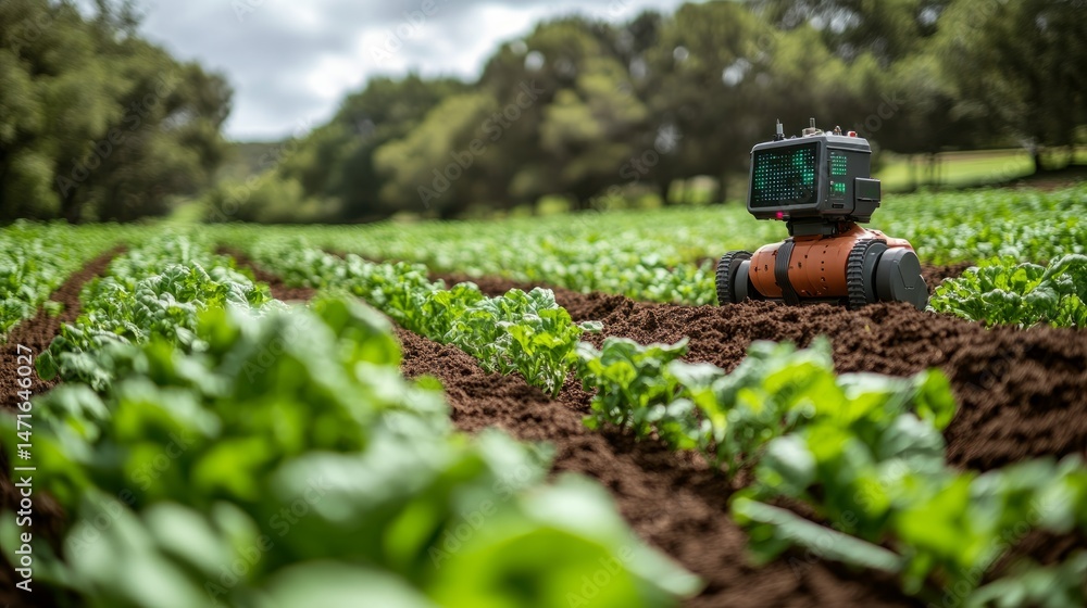 Poster ai-powered robot analyzing soil composition in a verdant vegetable field, optimizing conditions for 