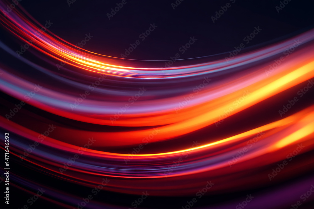Poster abstract image of red, orange, and purple light streaks, creating dynamic, flowing curves on a dark 