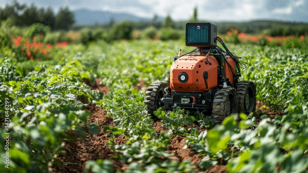 Poster ai-powered robotic weeder identifying and removing unwanted plants among crops, enhancing yield with