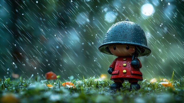 Cute figure in a rain-soaked forest, wearing a soldier helmet and a red coat, surrounded by falling raindrops