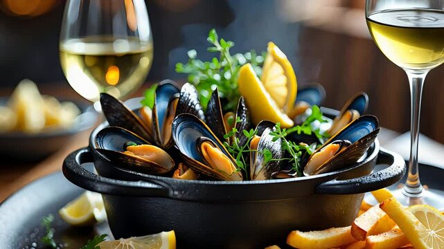 Steamed mussels served in a black pot with lemon wedges, fresh herbs, crispy fries, and glasses of white wine in an elegant restaurant setting

