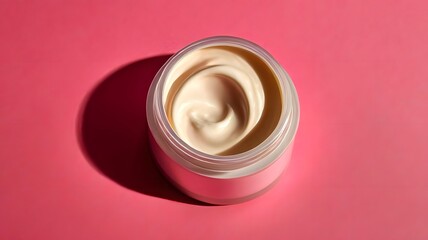 Skincare serum moisturizing night cream day cream with open lid on pink background - facial anti-aging skincare product -to improve skin hydration or prevent or reduce aging fine lines or wrinkles