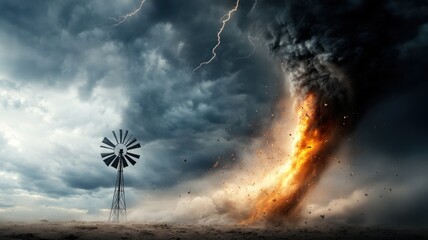 Dramatic Fiery Tornado and Lightning Storm over Rural Landscape lightning landscape rural storm dust