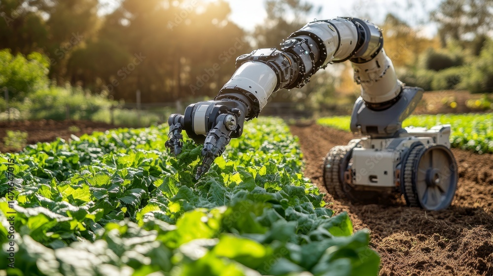 Poster autonomous robot with articulated arms tending to rows of crisp lettuce in a sunlit field, showcasin