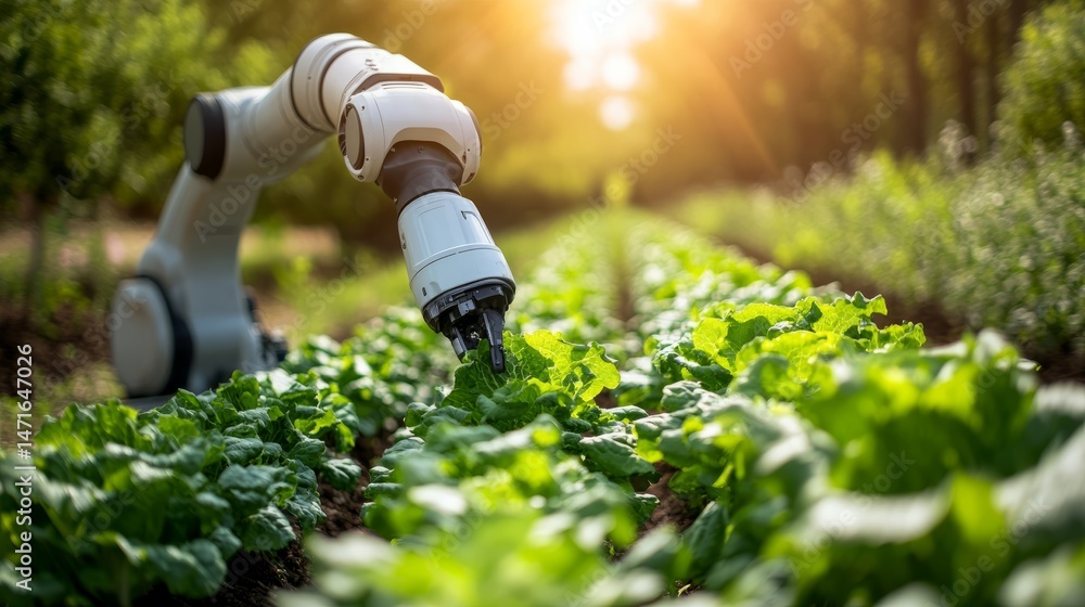 Poster autonomous robot with articulated arms tending to rows of crisp lettuce in a sunlit field, showcasin