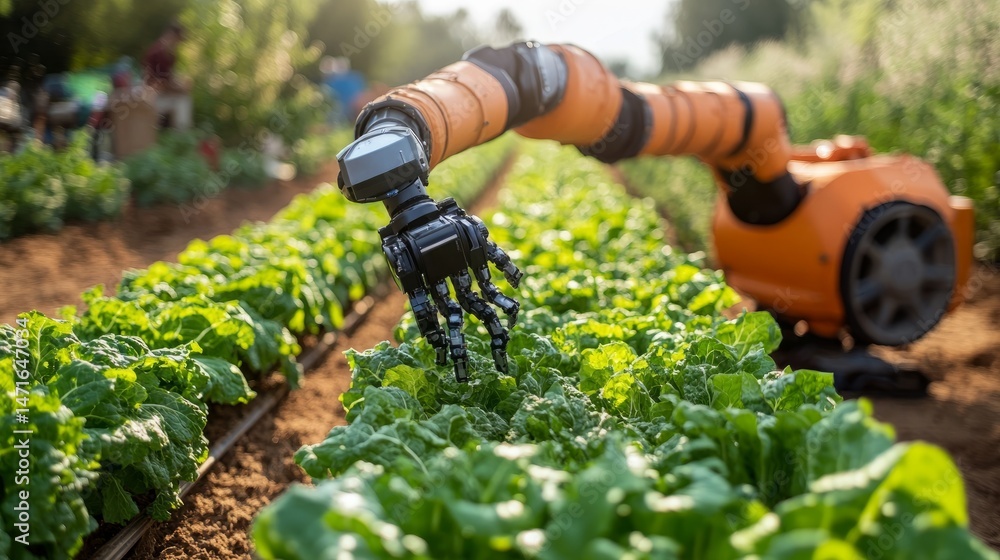 Poster autonomous robot with articulated arms tending to rows of crisp lettuce in a sunlit field, showcasin