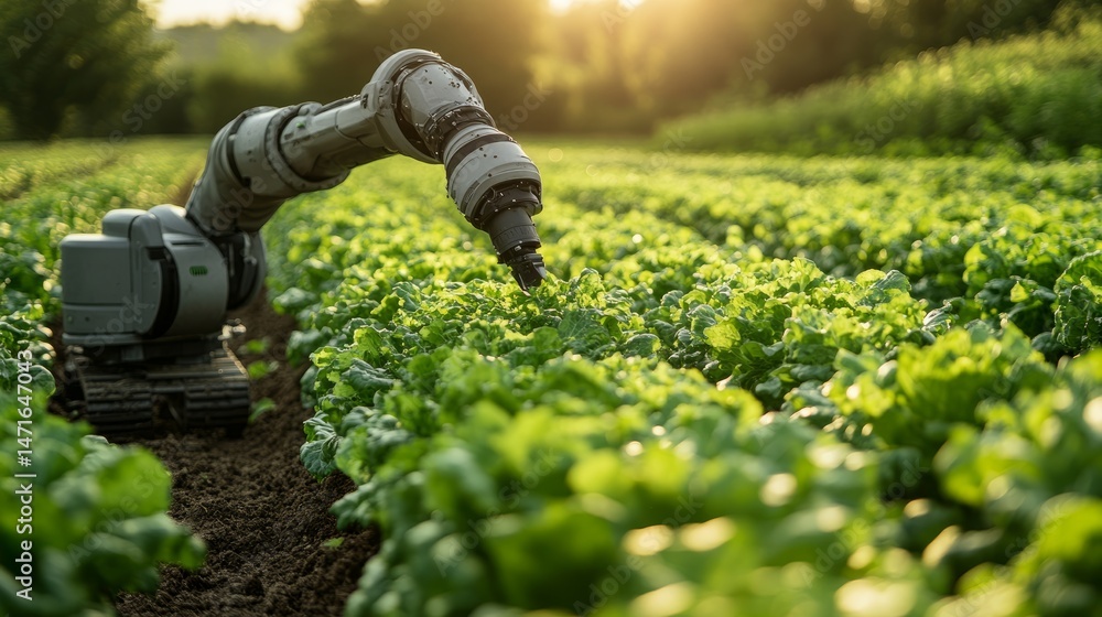 Poster autonomous robot with articulated arms tending to rows of crisp lettuce in a sunlit field, showcasin
