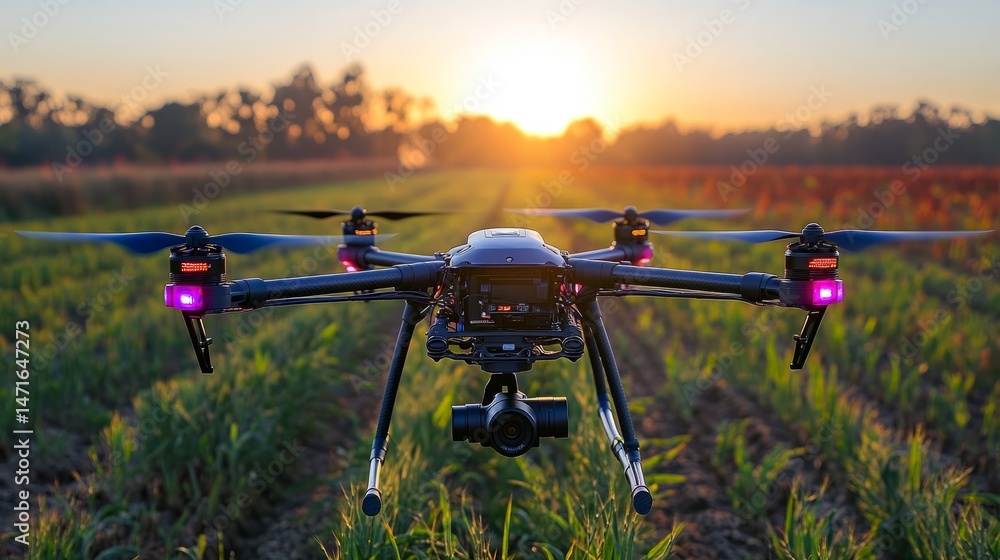 Poster drone capturing aerial imagery of farmland, assisting in mapping and planning for efficient resource