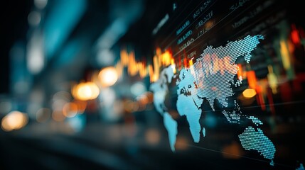 Double exposure of a global world map overlay on a financial stock market trading screen with charts and data visualization