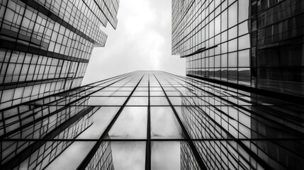 A low-angle monochrome shot depicts the imposing glass facades of three skyscrapers, their reflections mirroring the cloudy sky, creating a sense of urban grandeur and architectural pr : Generative AI