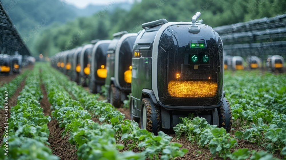 Poster fleet of robotic harvesters operating synchronously in a smart farm, collecting ripe crops efficient