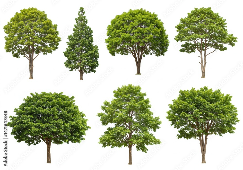 Poster collection of seven different green trees with varying shapes and sizes isolated against a white bac
