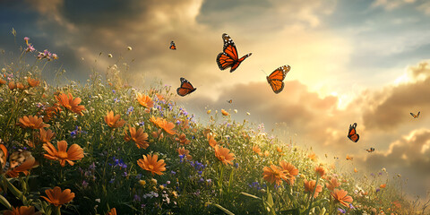Graceful Butterflies Dancing Among Blooming Flowers in a Serene Valley

