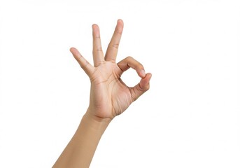 Naklejka premium Hand gesture showing 'ok' sign with fingers forming a circle against a clean white background