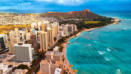 Beautiful panorama of Waikiki at the shore of the Pacific Ocean. Aerial perspective on the Diamond...