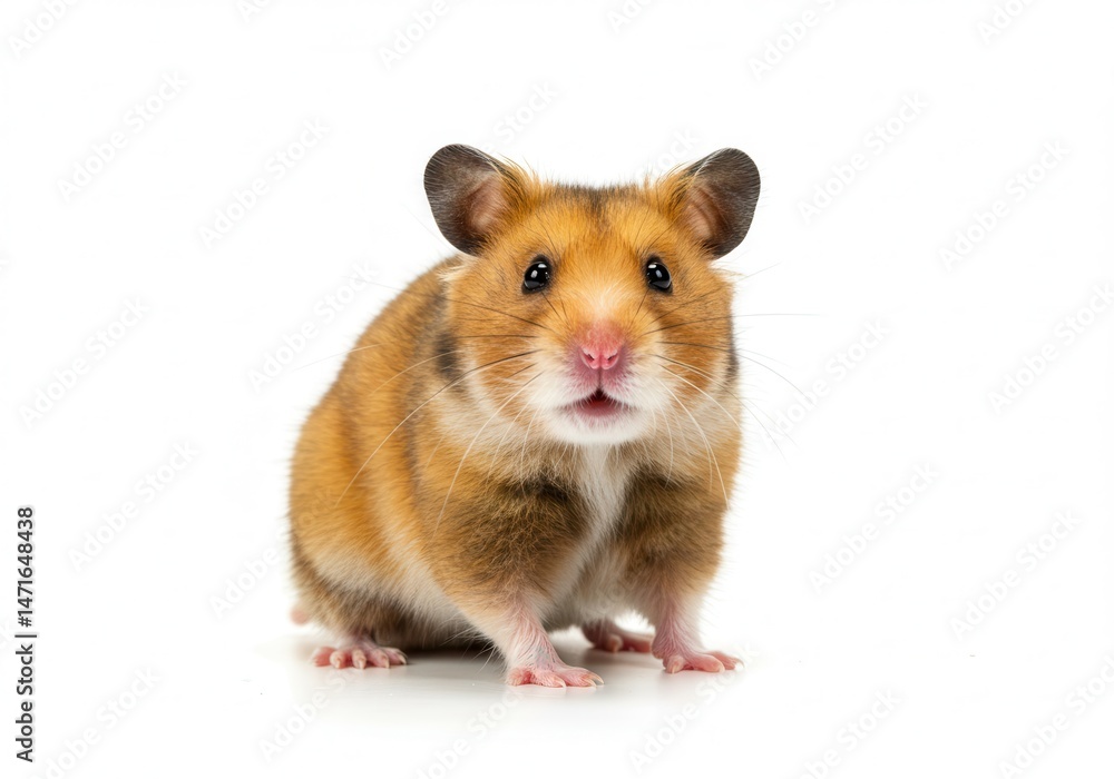 Poster golden hamster sitting upright on a white surface looking directly at the viewer with a curious expr