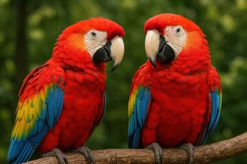 Vibrant parrots perched together.