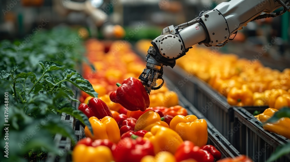 Poster robotic arm extending to pick ripe bell peppers, demonstrating precision and efficiency in modern fa