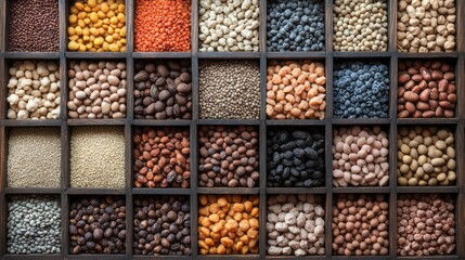 Colorful assortment of seeds and grains in a wooden compartmentalized box.