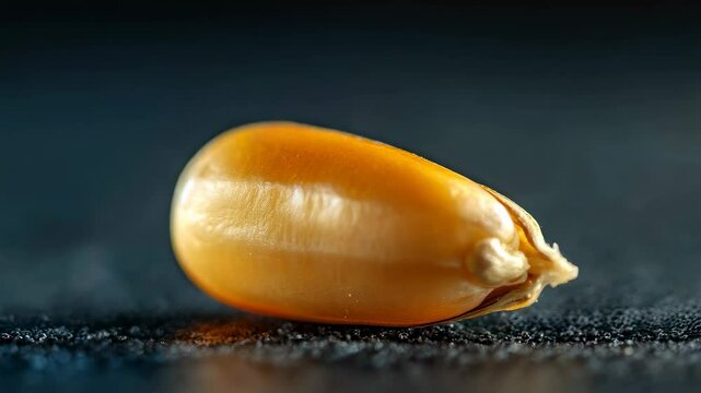 A single corn kernel on a dark surface, close up