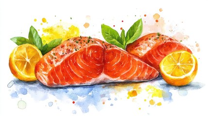 Two slices of painted salmon with lemon and herbs.