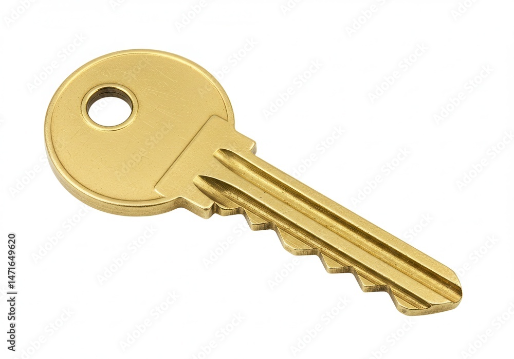 Poster a single brass key with ridges and a hole sits isolated on a white background in a close up view