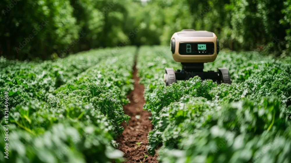 Poster Sleek agricultural robot navigating between rows of kale, performing soil analysis with embedded sensors.